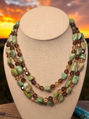 Genuine Turquoise And Amber Tone Crystal Necklace
